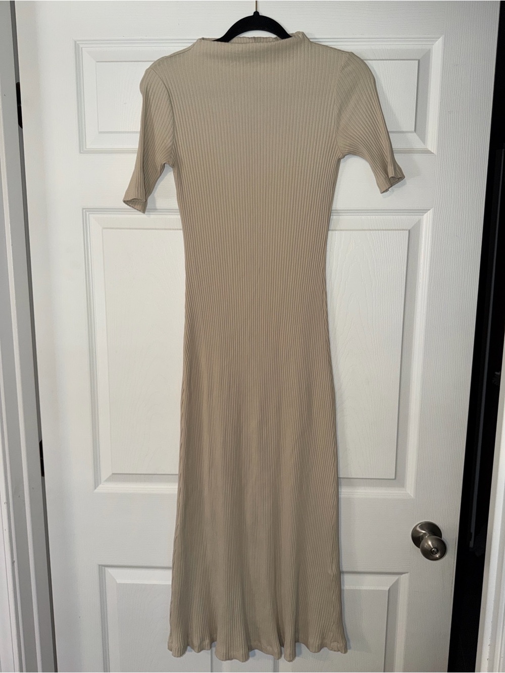 Zara Beige Ribbed Short-Sleeve Maxi Dress